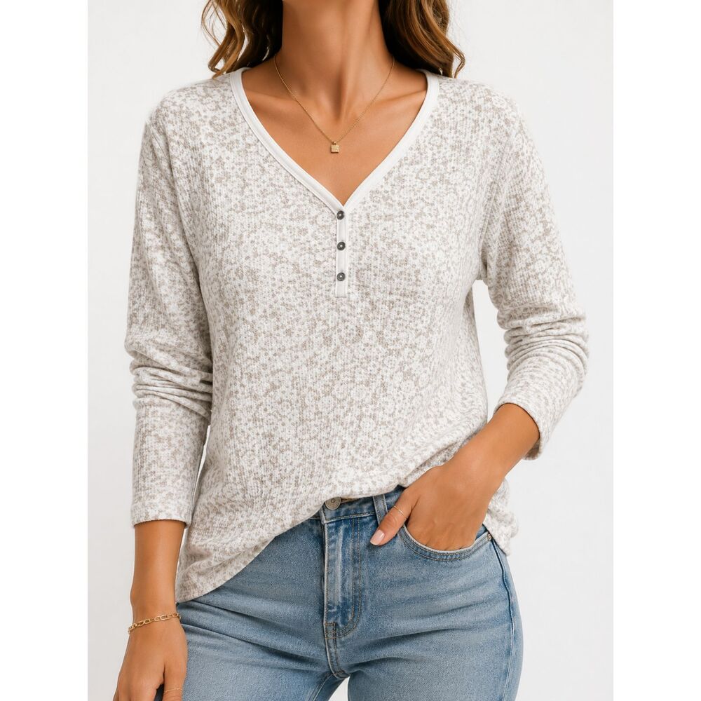 Eddie Bauer Thermal Henley Top Large Beige Floral Waffle Knit Cottagecore